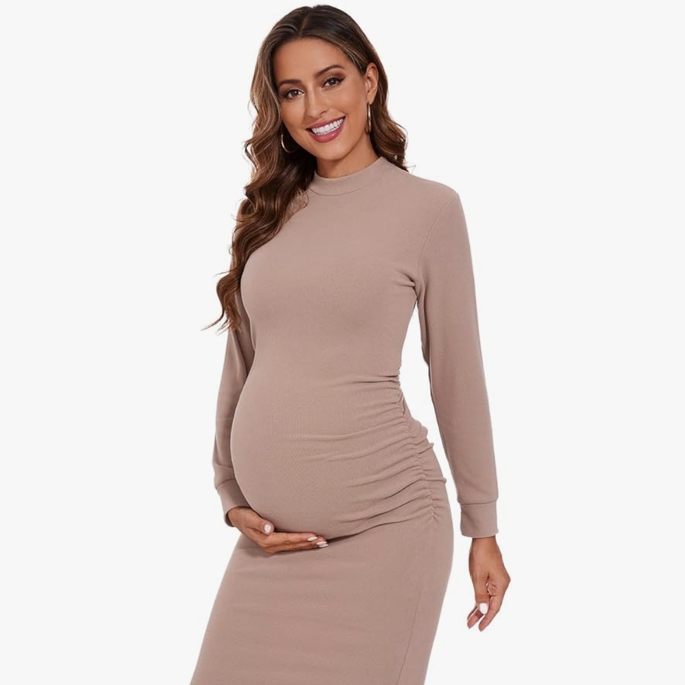 Maternity Long Sleeve Mock Neck Bodycon Dress in Taupe